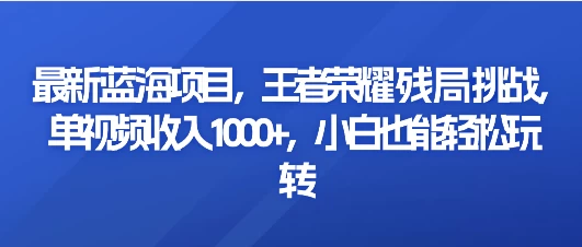 最新蓝海项目，王者荣耀残局挑战，单视频收入1000+，小白也能轻松玩转 - 阿泽资源网