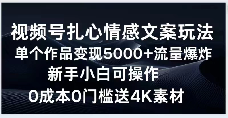 视频号扎心情感文案玩法，单个作品变现5000+，流量爆炸，两分钟一条作品，新手小白可操作，0成本0门褴送4K素材送工具 - 阿泽资源网