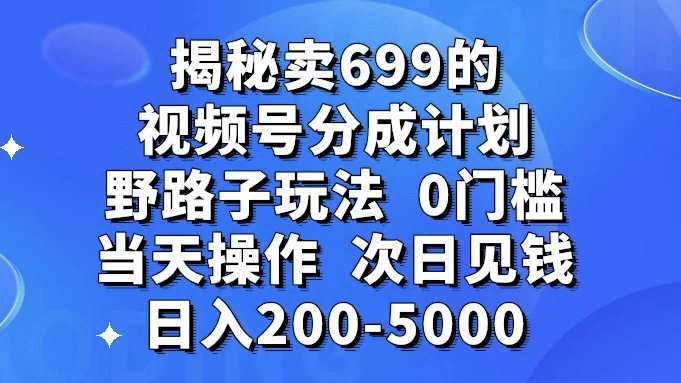 揭秘卖 699 的视频号分成计划野路子玩法，日入 200-5000，0 门槛，当天操作，次日见钱 - 阿泽资源网