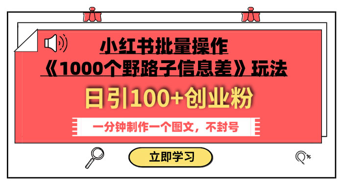 小红书批量操作《 1000 个野路子信息差》玩法，日引 100+ 创业粉，一分钟一个图文 - 阿泽资源网