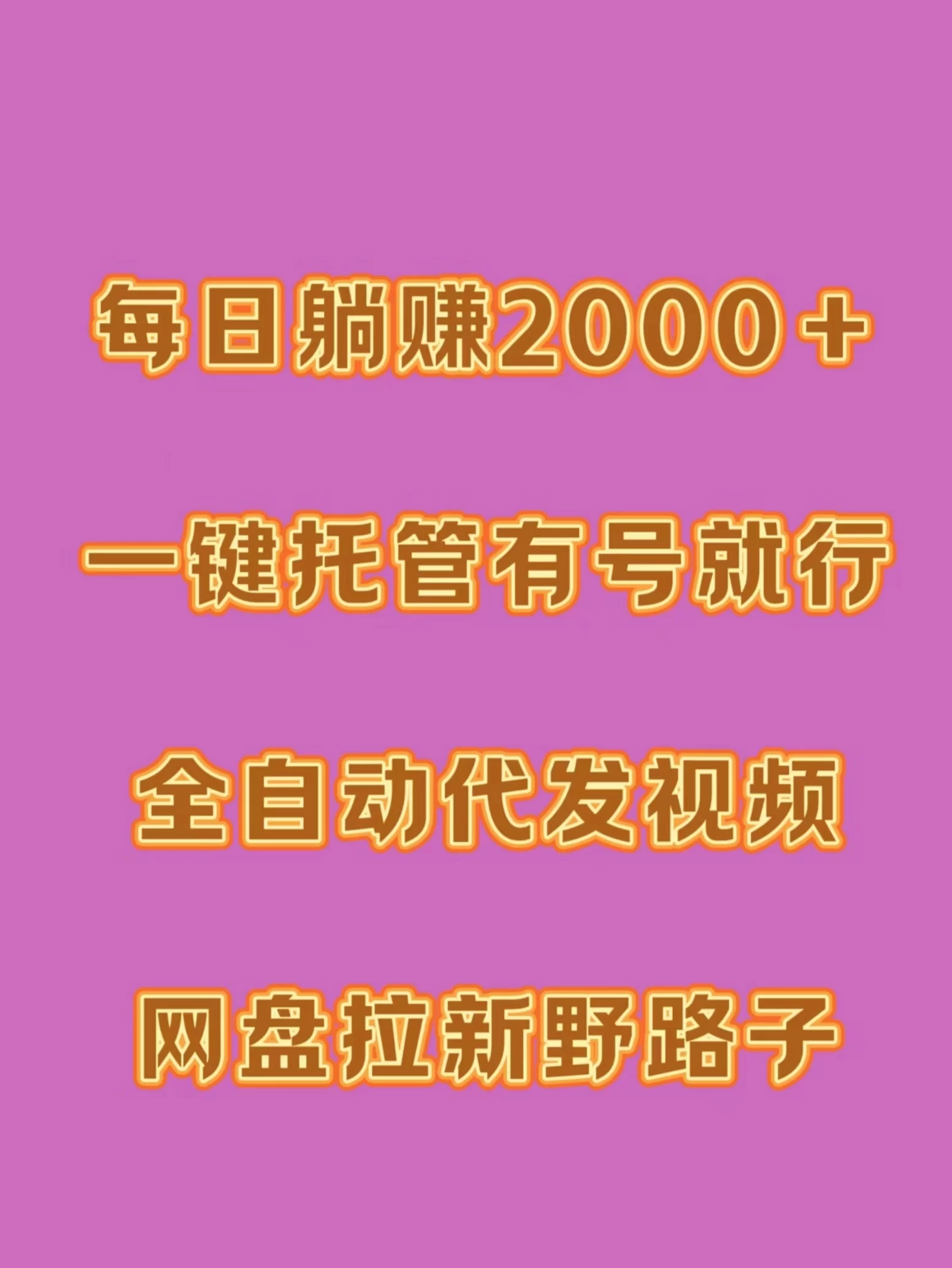 每日躺赚2000＋，一键托管有号就行，全自动代发视频，网盘拉新野路子 - 阿泽资源网